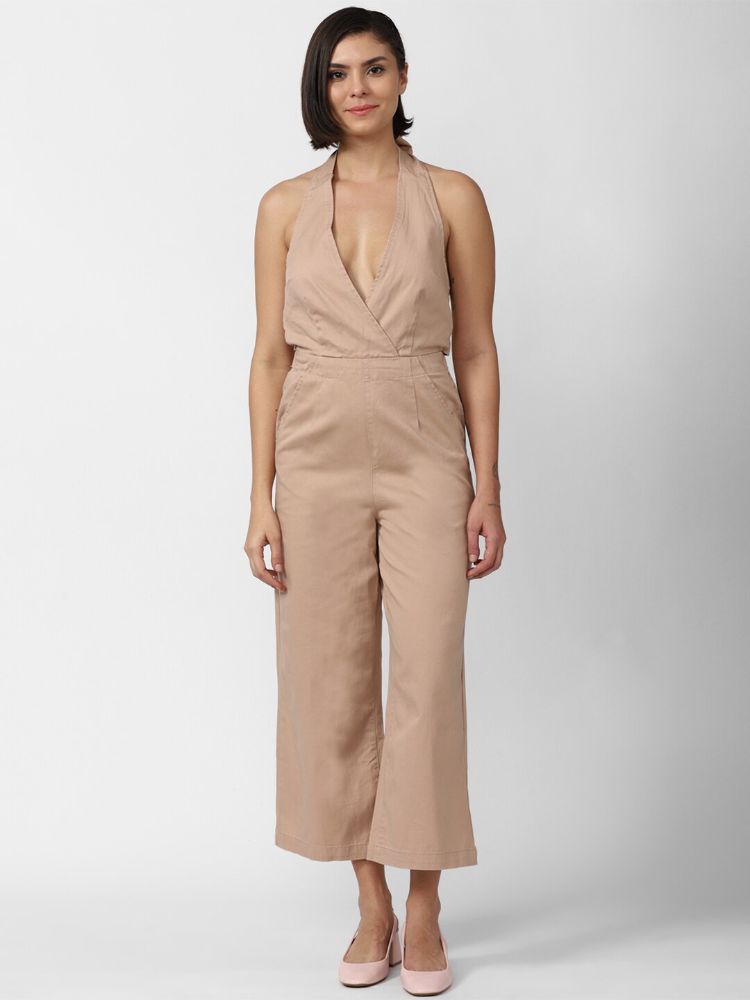 FOREVER 21 Women Beige Solid Cotton Halter Neck Basic Jumpsuit