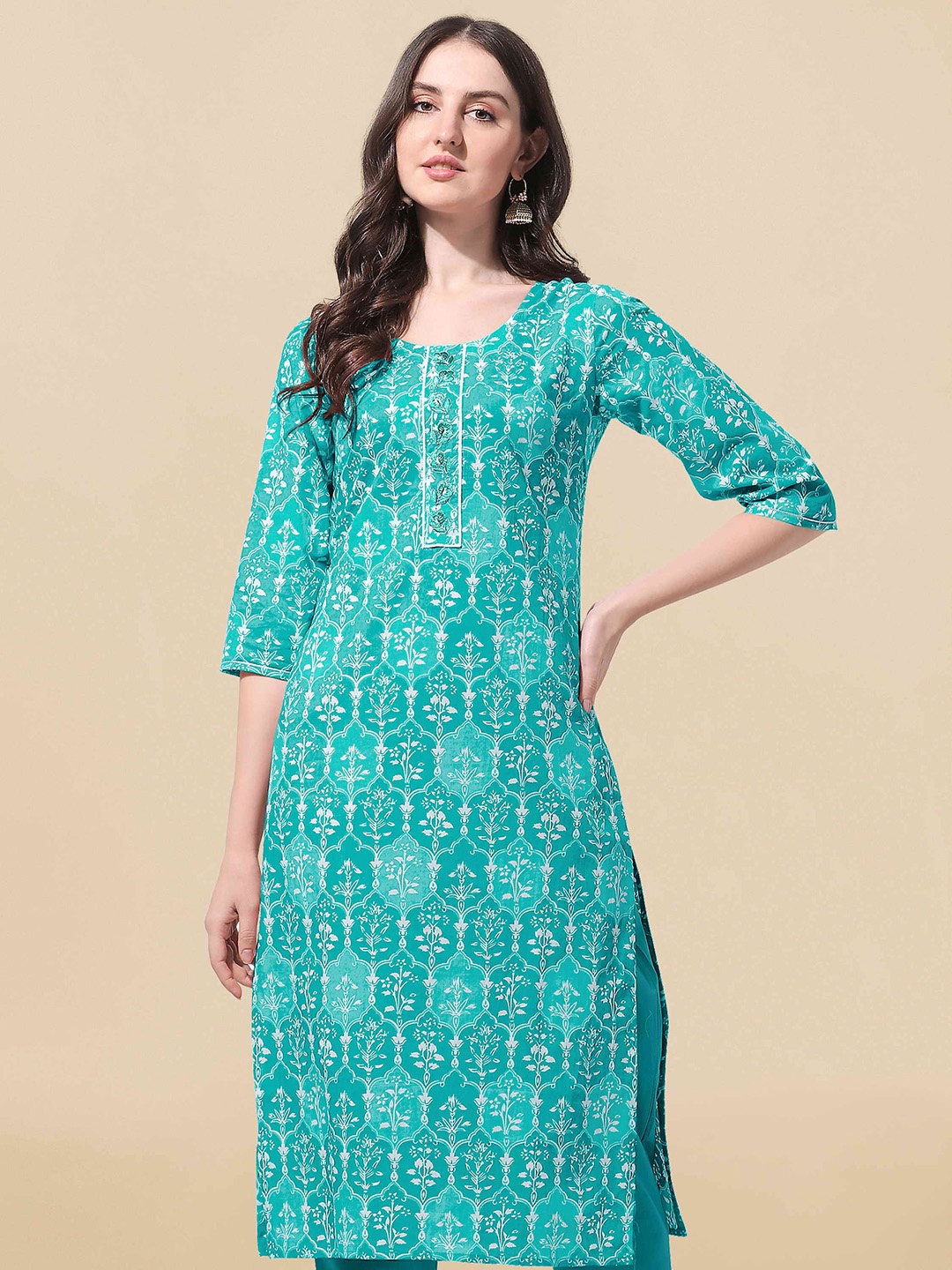 

KALINI Block Print Floral Kurta, Turquoise blue