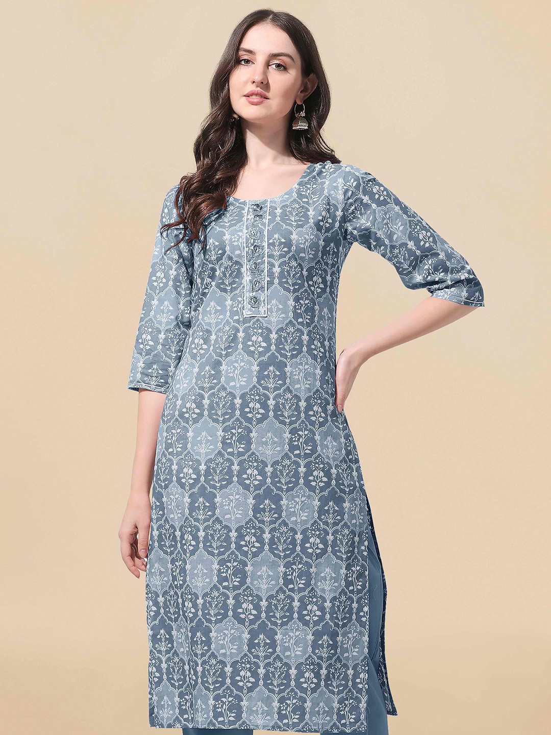 

KALINI Floral Printed Cotton Floral Kurta, Grey