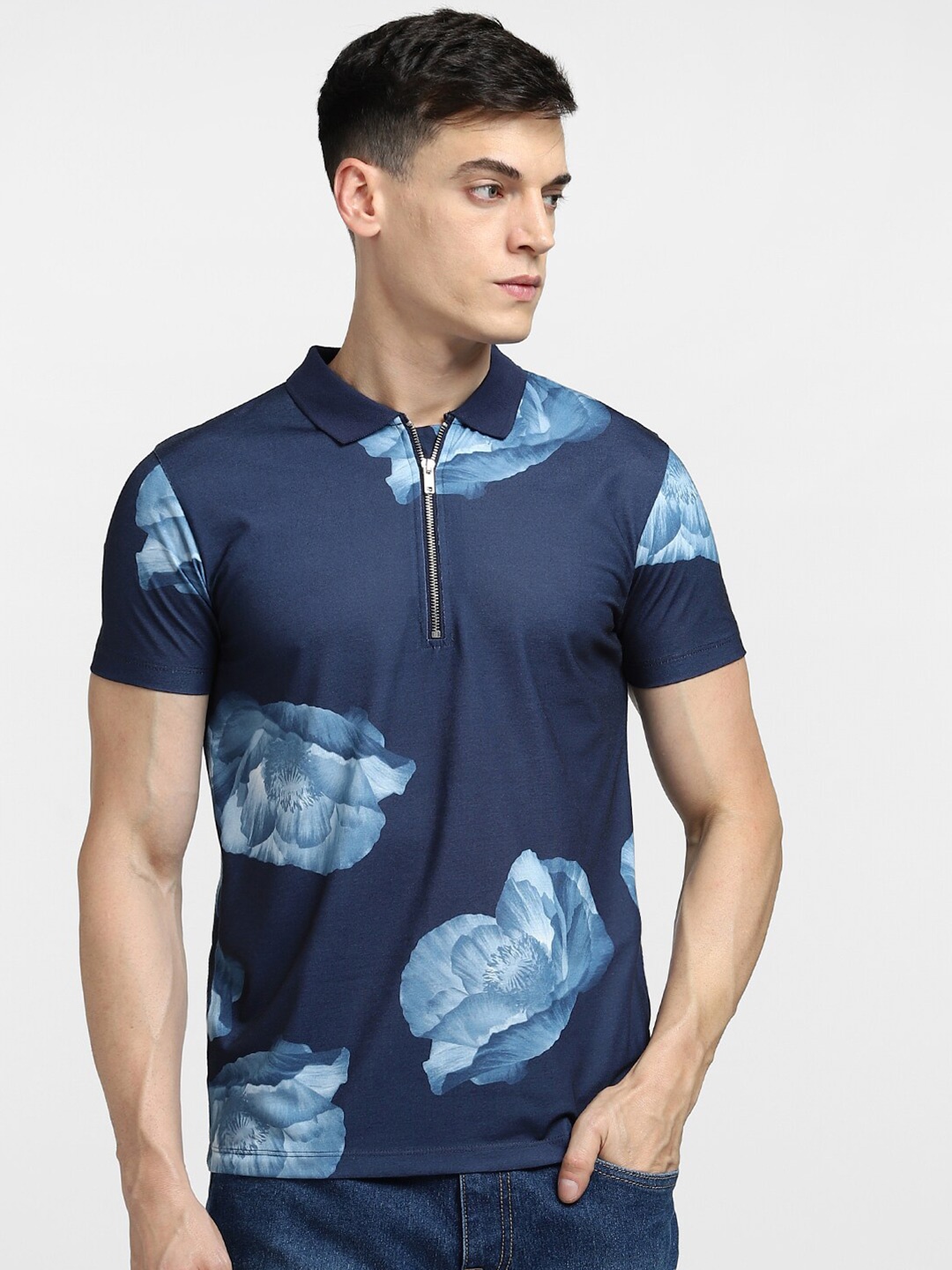 Jack & Jones Men Navy Blue & Blue Floral Printed Polo Collar Slim Fit Cotton T-shirt