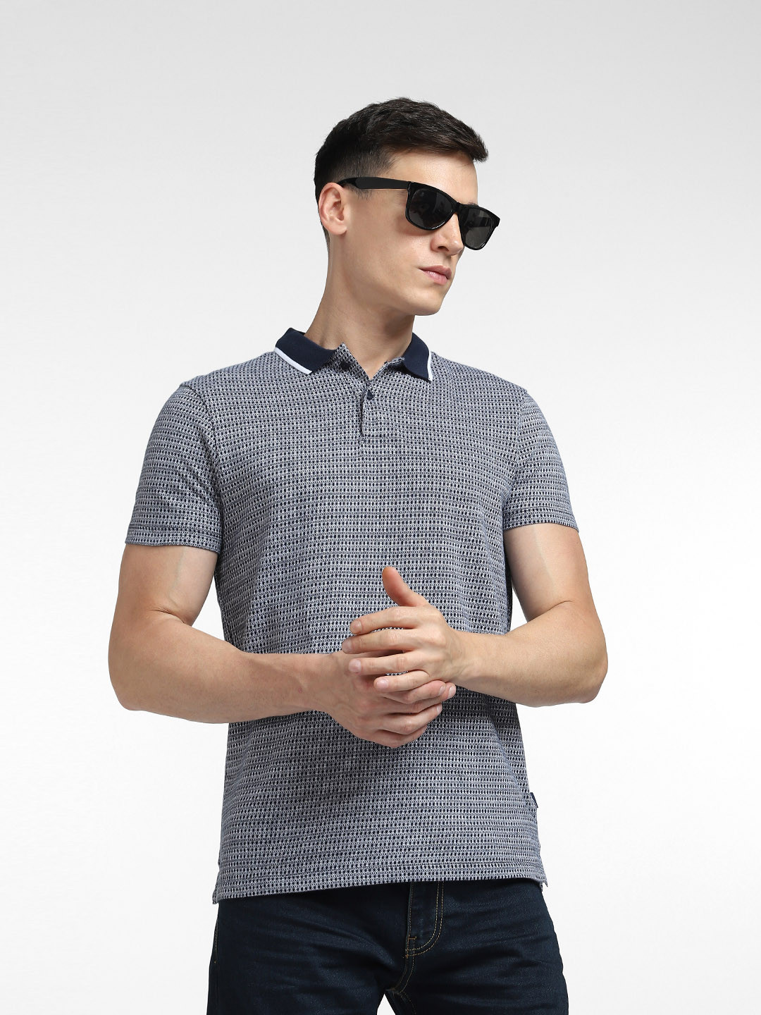 

Jack & Jones Geometric Printed Polo Collar Slim Fit Cotton T-shirt, Blue
