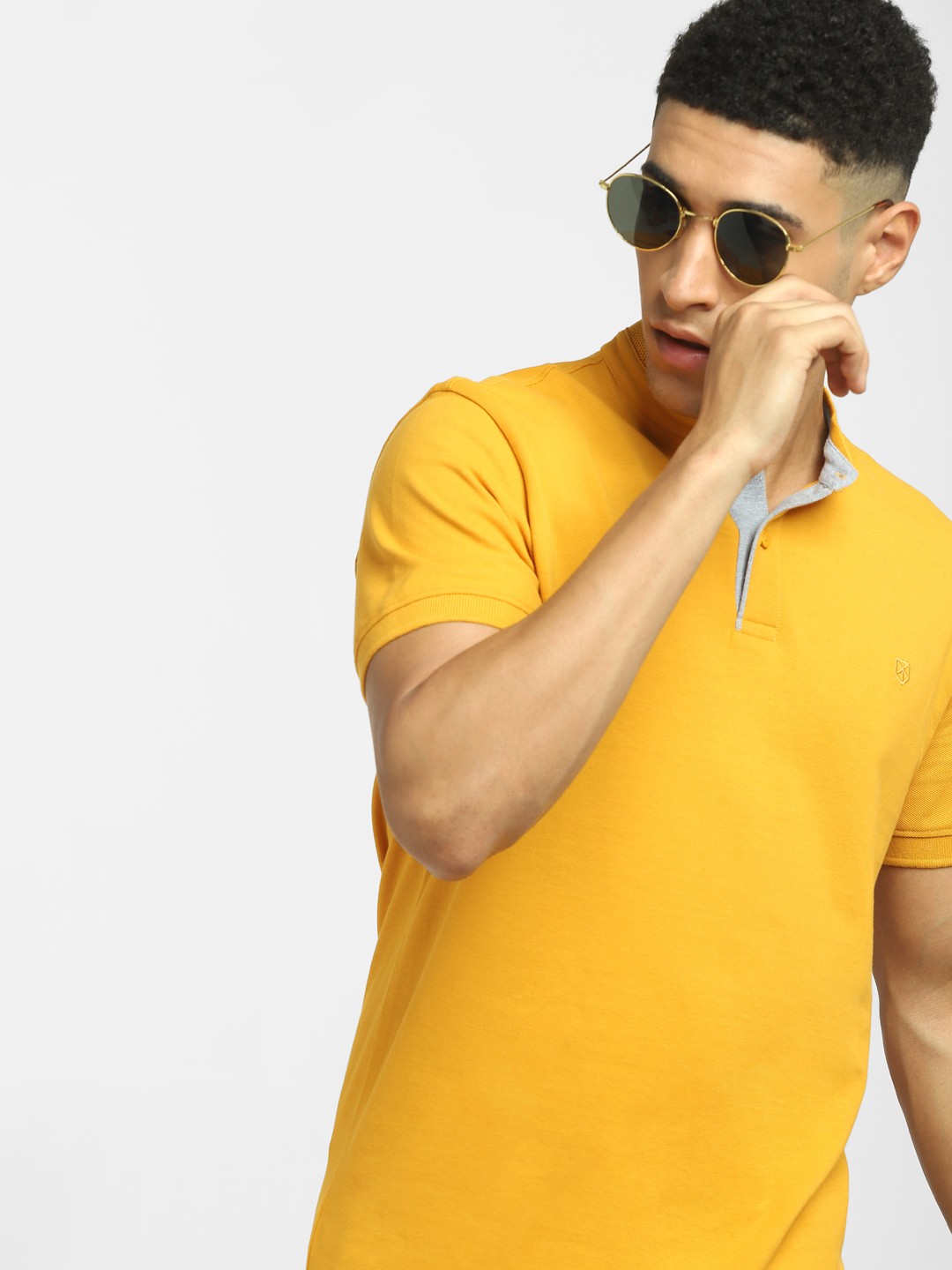 

Jack & Jones Men Yellow Solid Mandarin Collar Slim Fit Cotton T-shirt