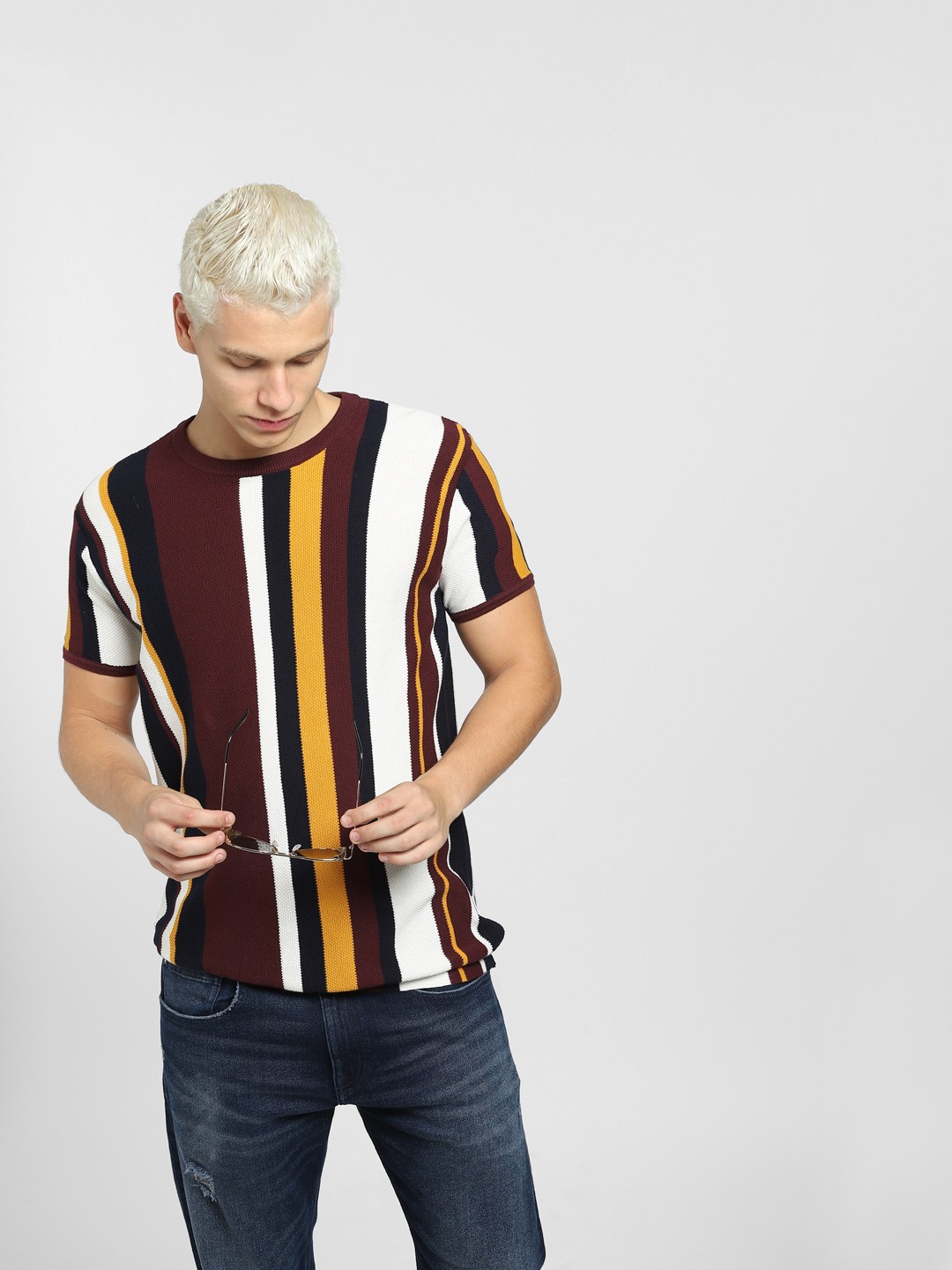 

Jack & Jones Men Brown & White Striped Round Neck Cotton T-shirt