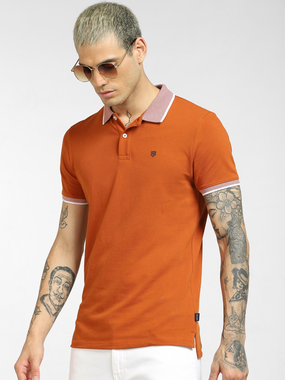 

Jack & Jones Men Orange Polo Collar Slim Fit Cotton T-shirt
