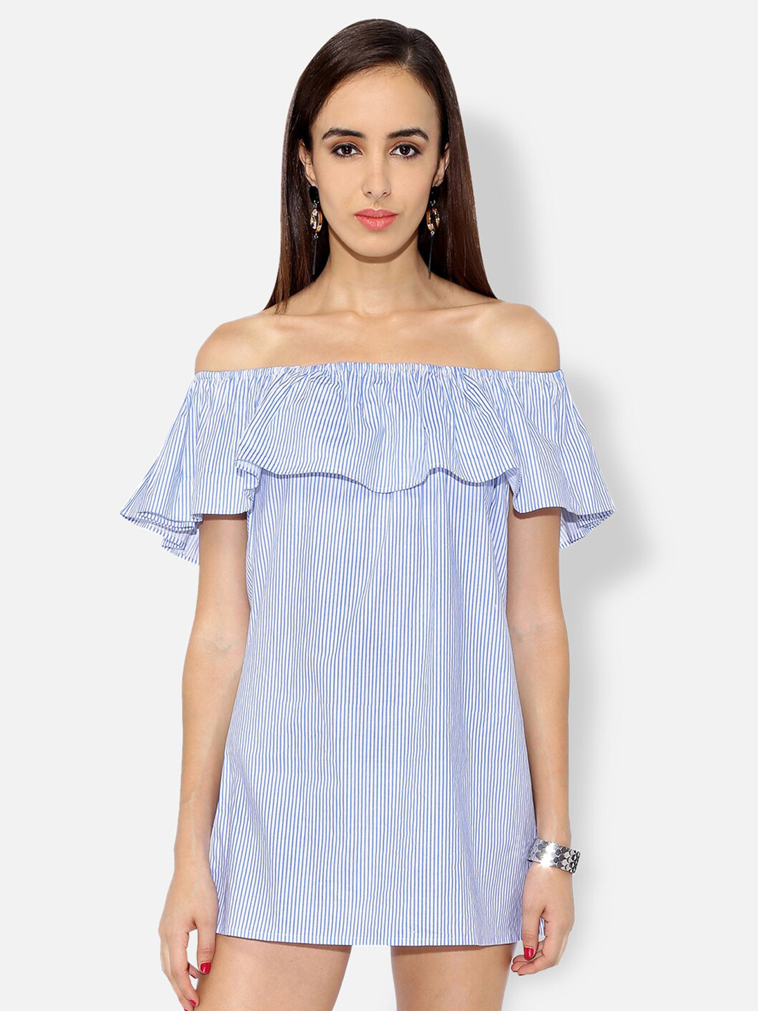 

Ashtag Women Blue Striped Off-Shoulder A-Line Mini Cotton Dress