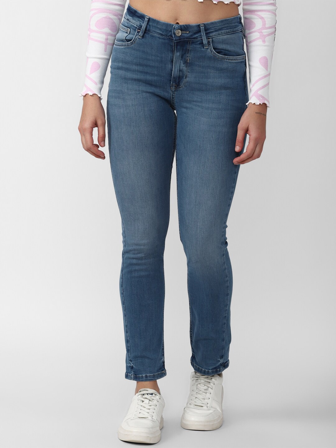 

FOREVER 21 Women Mid-Rise Skinny Fit Ankle Length Jeans, Blue