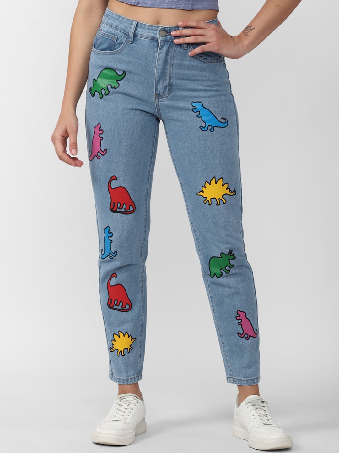 FOREVER 21 Women Blue Slim Fit Printed Jeans