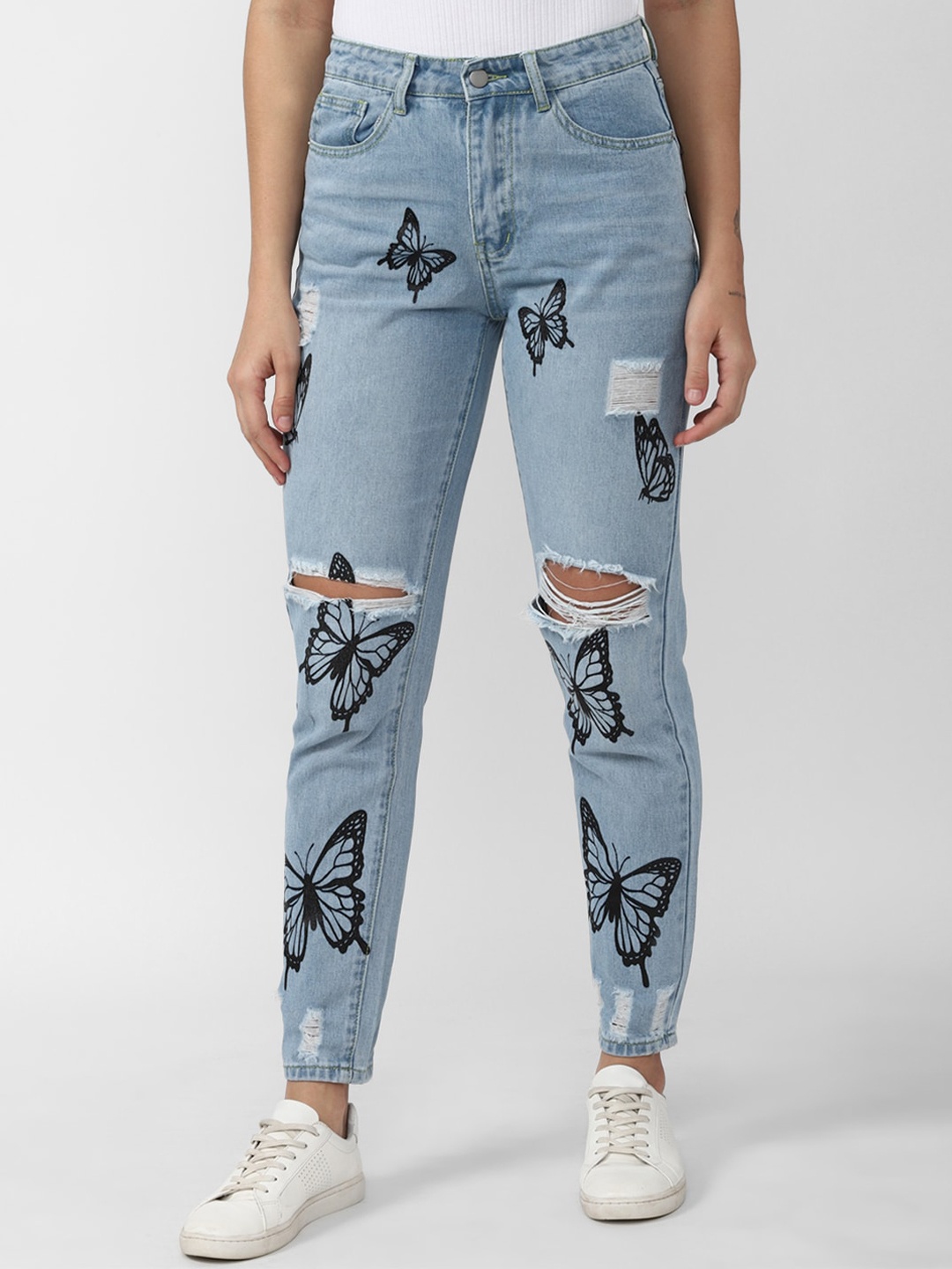 FOREVER 21 Women Blue Highly Distressed Heavy Fade Printed Jeans