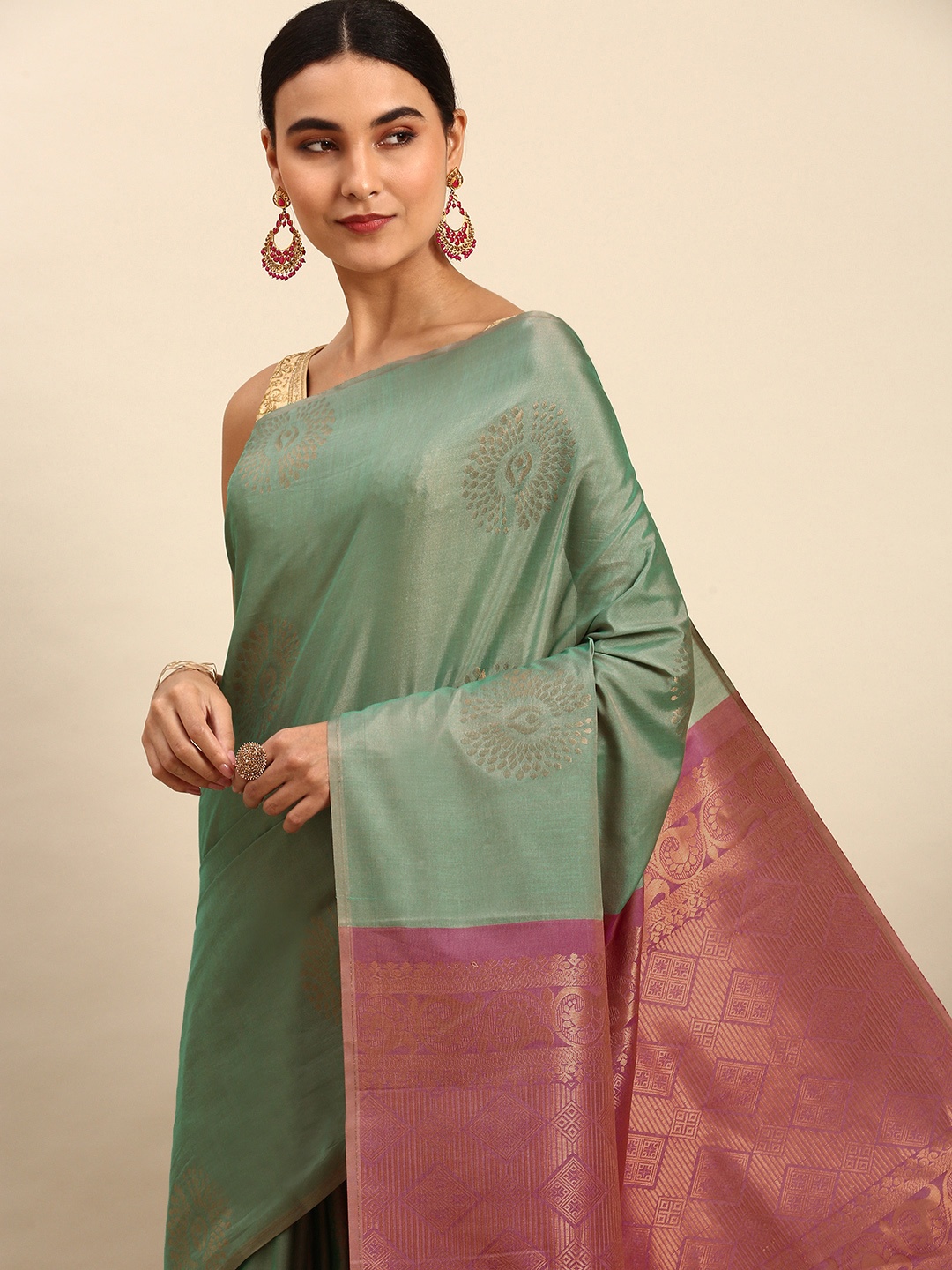 

Pothys Sage Green & Golden Ethnic Motifs Woven Design Art Silk Saree