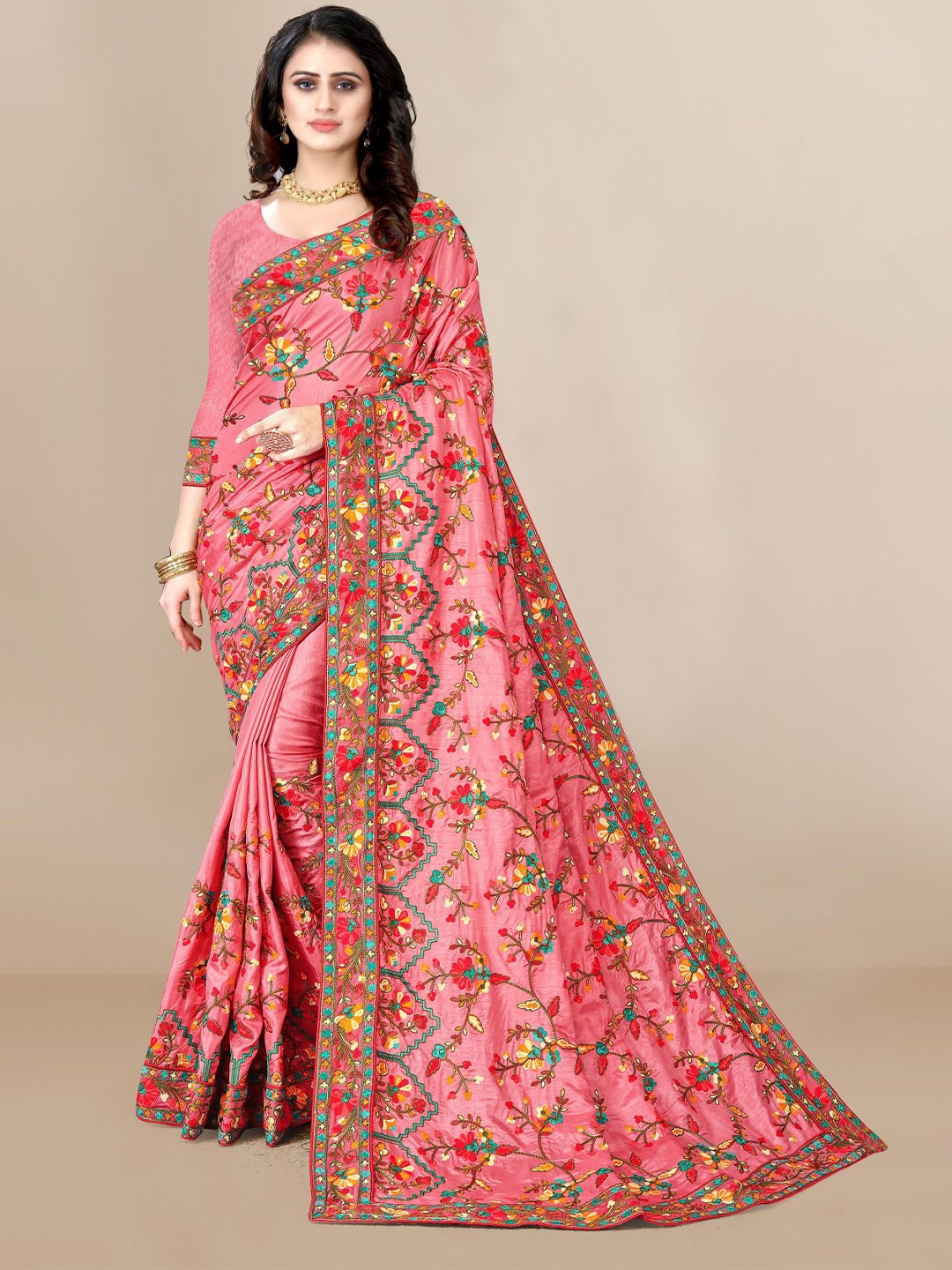 

HERE&NOW Peach-Coloured & Red Floral Embroidered Silk Blend Saree