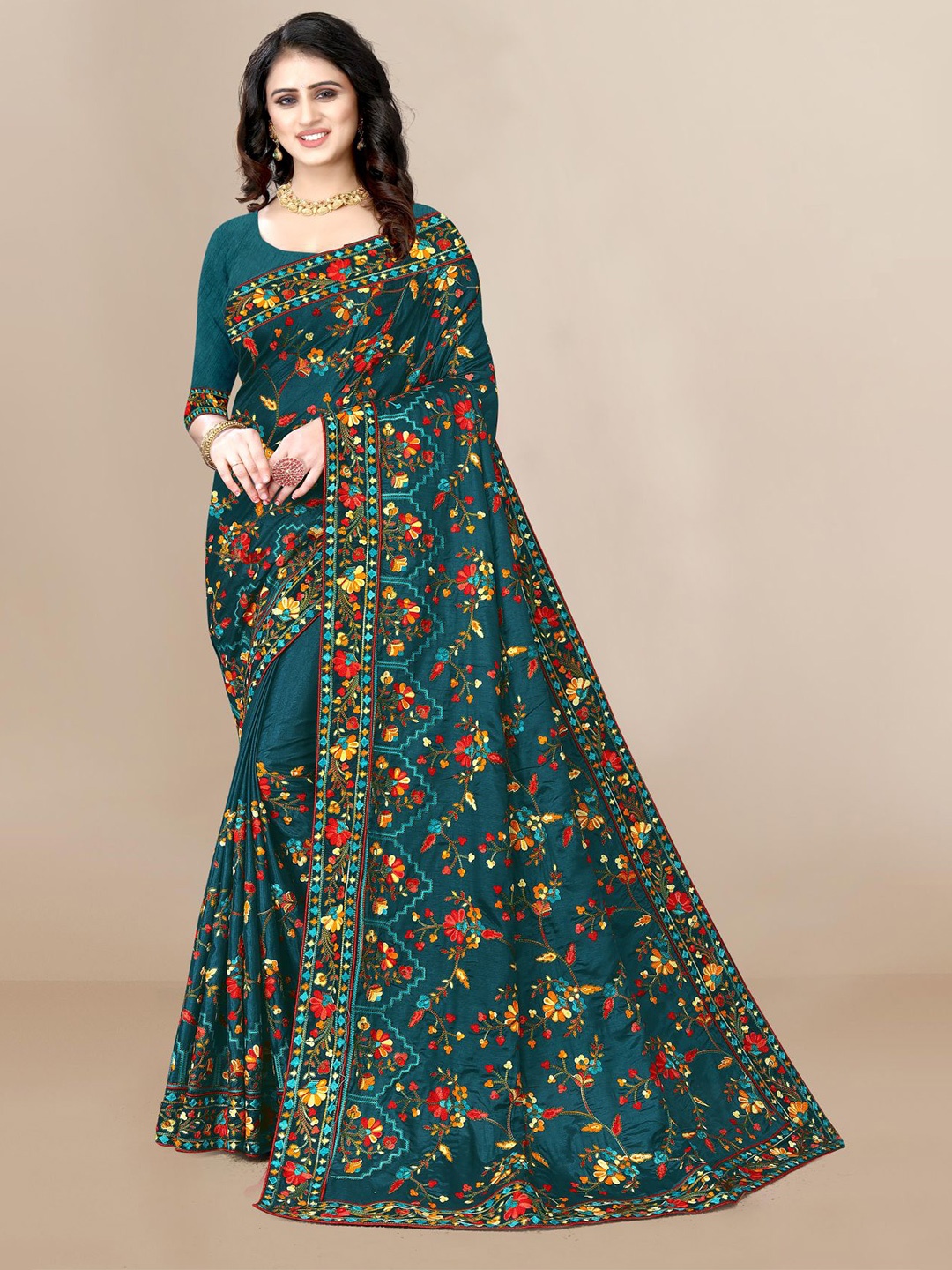 

HERE&NOW Teal & Red Floral Embroidered Silk Blend Saree