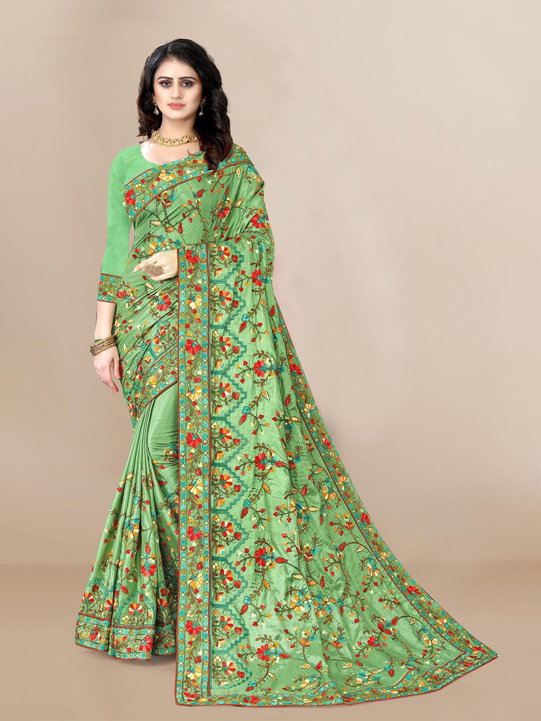 

HERE&NOW Green & Red Floral Embroidered Silk Blend Saree