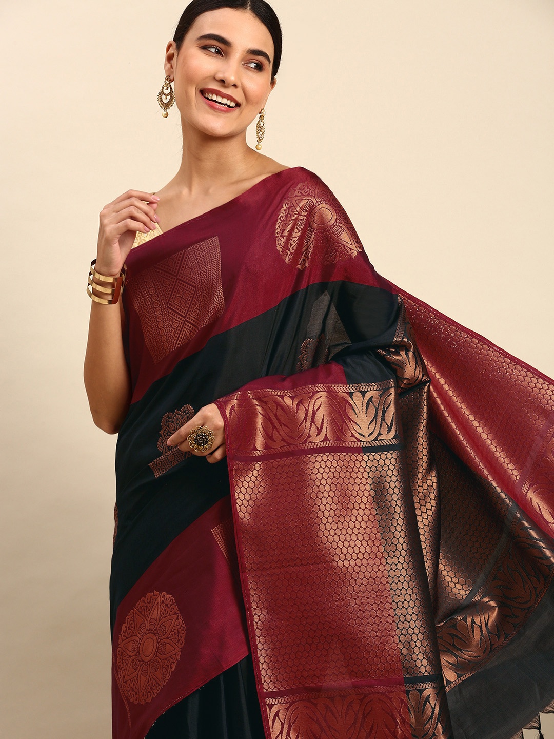 

Pothys Black & Red Ethnic Motifs Woven Design Art Silk Saree