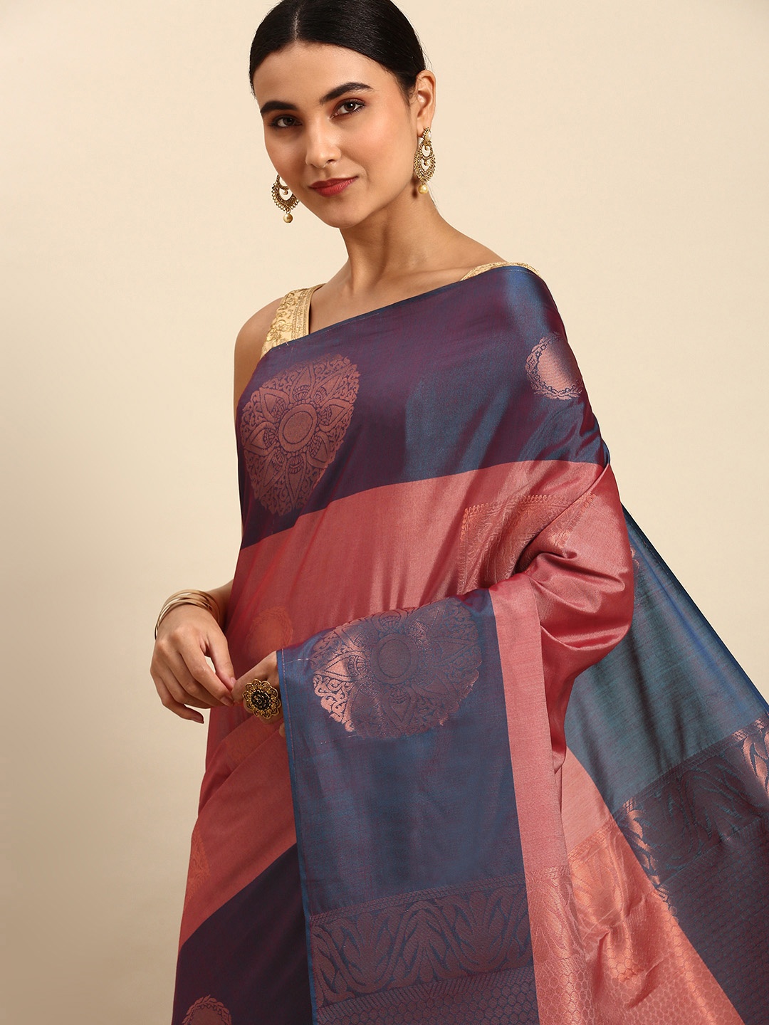 

Pothys & Navy Blue Ethnic Motifs Woven Design Art Silk Saree, Rose