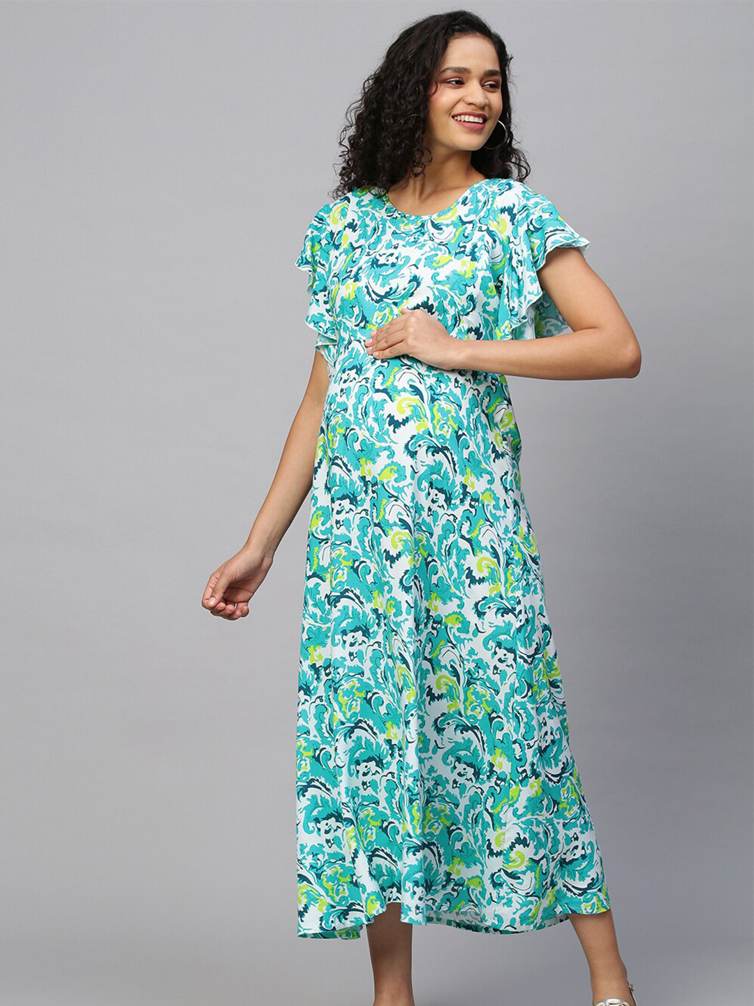 

MomToBe Green & White Ethnic Motifs Maternity Maxi Maxi Sustainable Dress