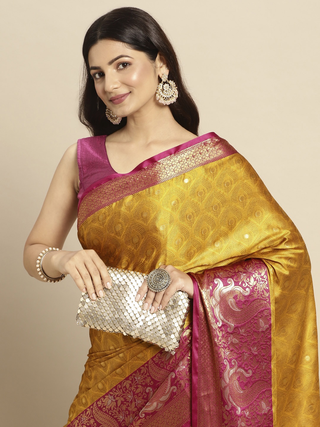 

WILORI Mustard & Pink Ethnic Motifs Silk Cotton Mysore Silk Saree