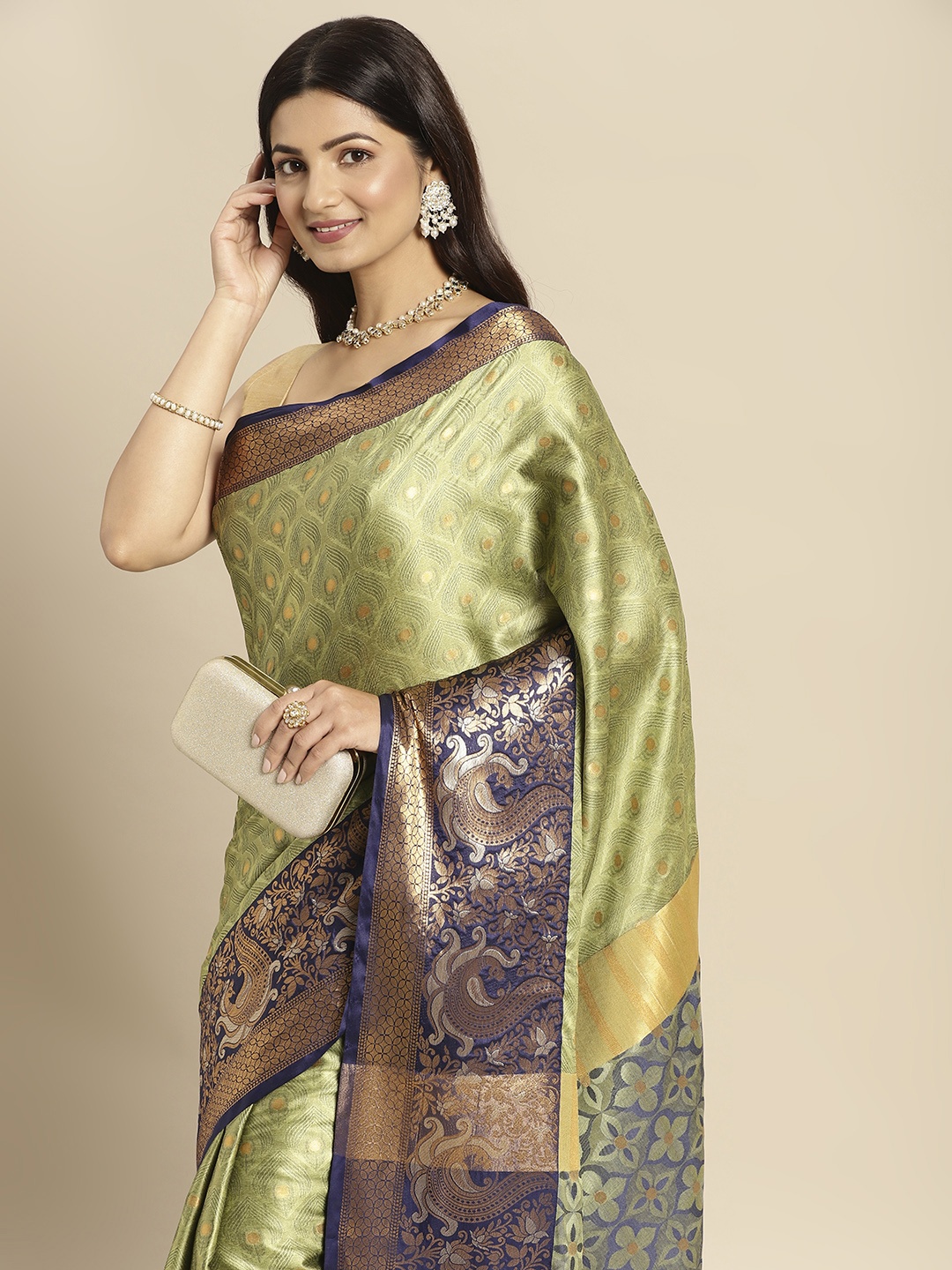 

WILORI Green & Blue Ethnic Motifs Silk Cotton Mysore Silk Saree