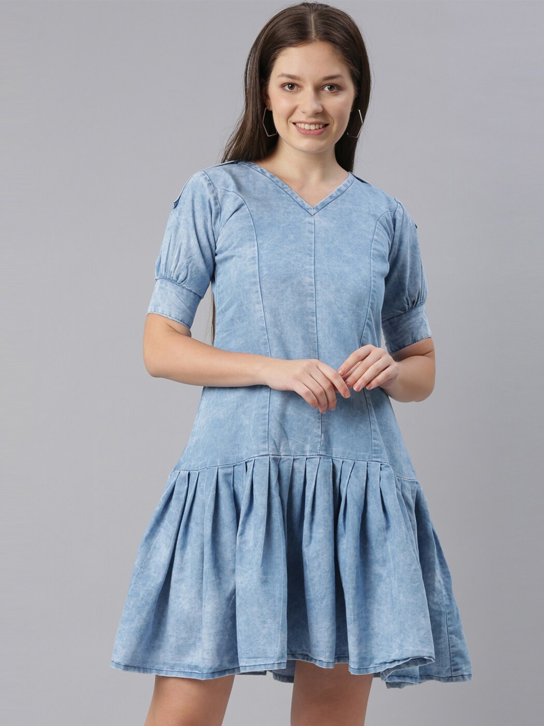 

ZHEIA Short Sleeves V-Neck A-Line Cotton Dress, Blue