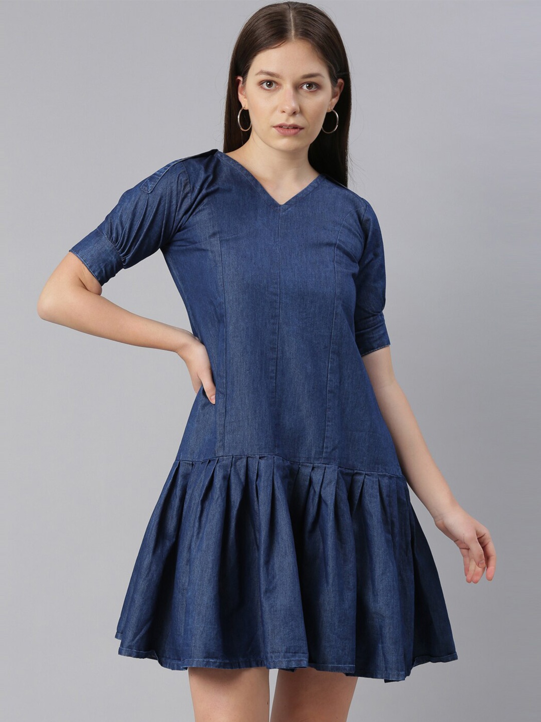 

ZHEIA Short Sleeves V-Neck A-Line Cotton Dress, Blue