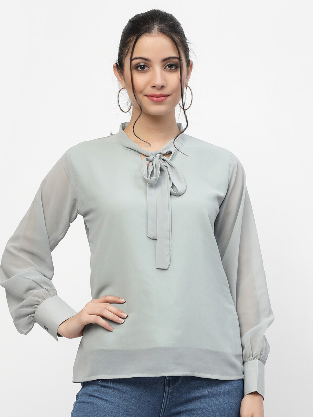 

MISS AYSE Women Grey Tie-Up Neck Georgette Top