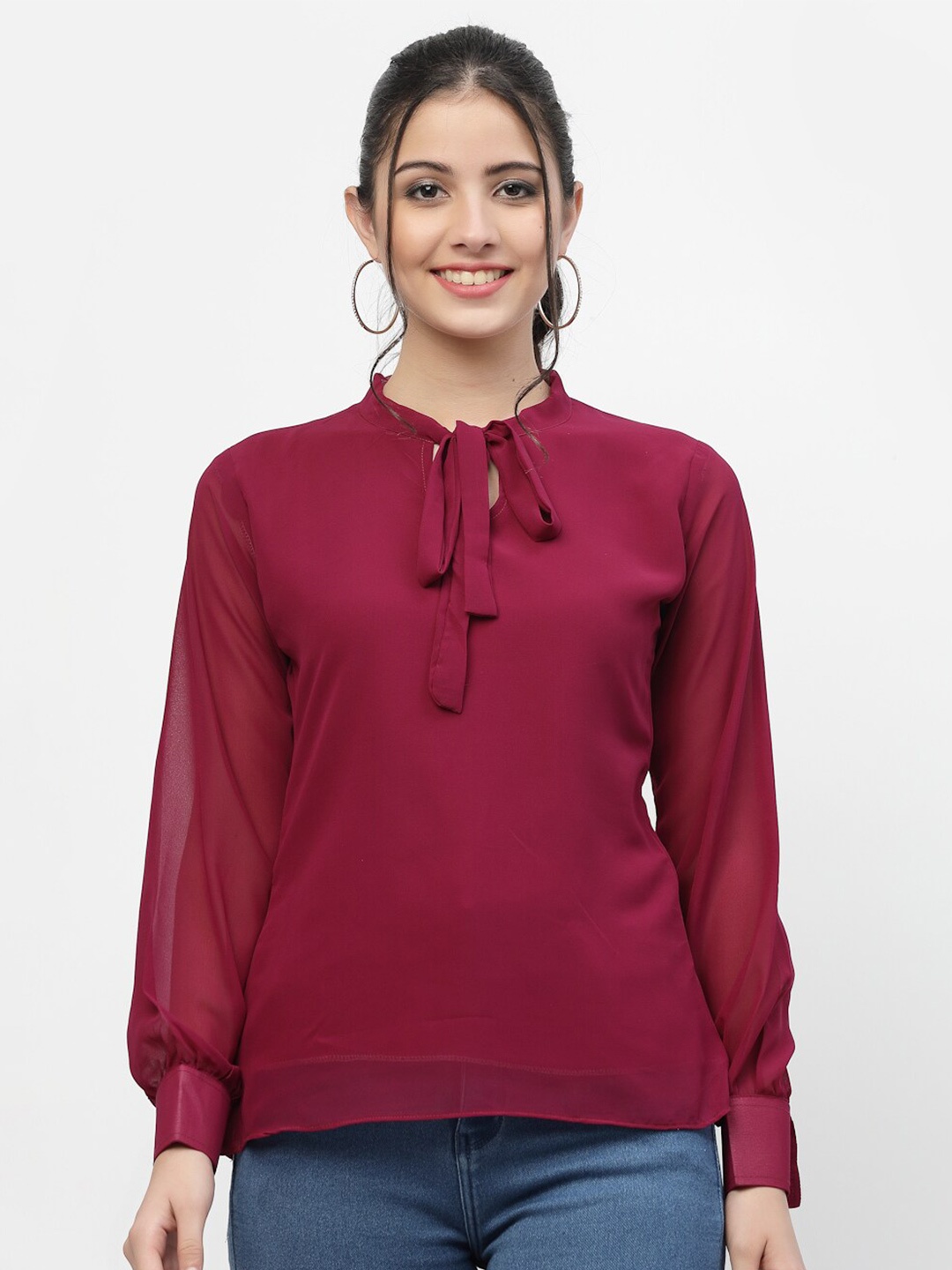 

MISS AYSE Women Purple Tie-Up Neck Georgette Top