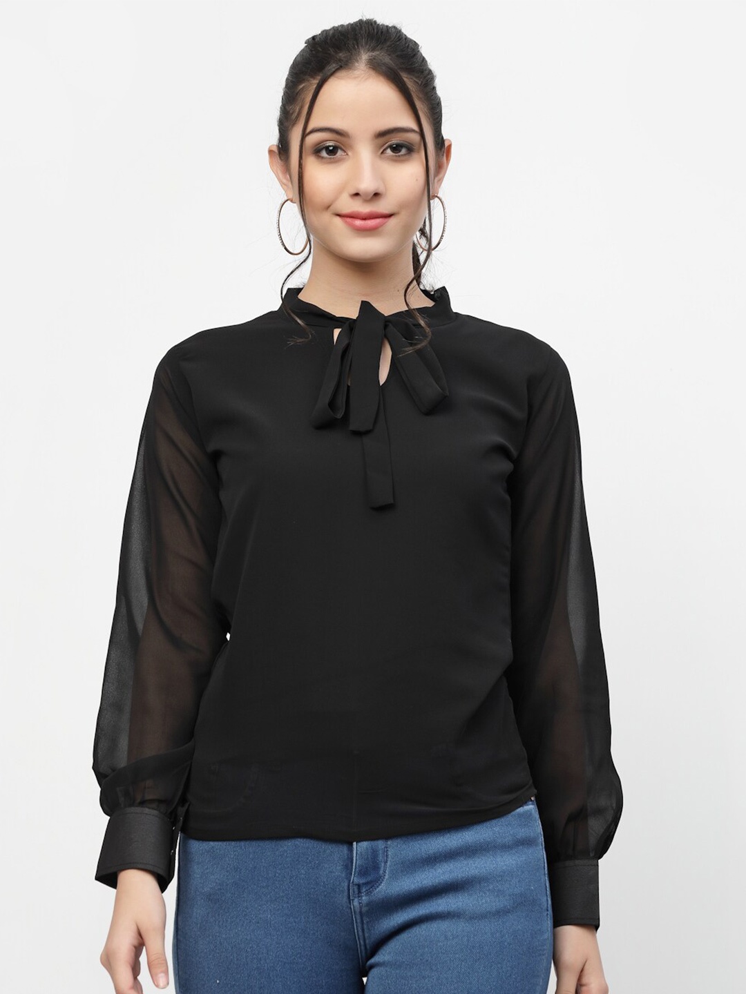 

MISS AYSE Women Black Tie-Up Neck Georgette Top