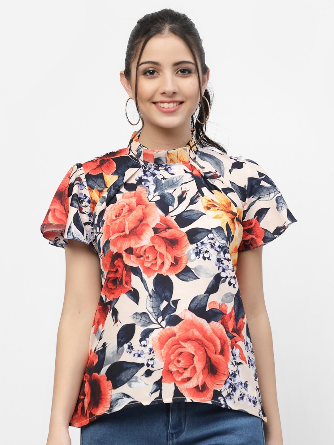 

MISS AYSE Women Beige & White Floral Print Crepe Top