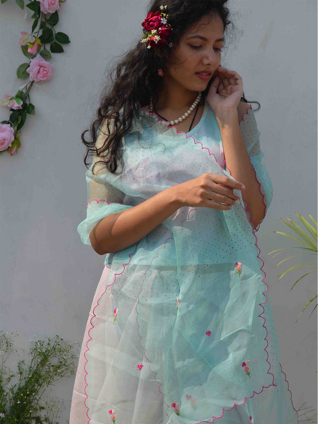 

STUDIO MALANG Blue & Green Embroidered Organza Block Print Dupatta with Thread Work
