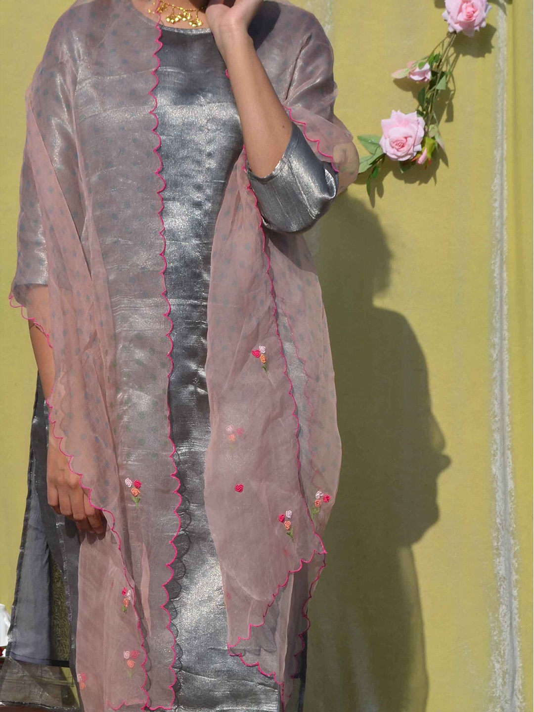 

STUDIO MALANG Peach-Coloured & Green Embroidered Organza Block Print Dupatta with Thread Work