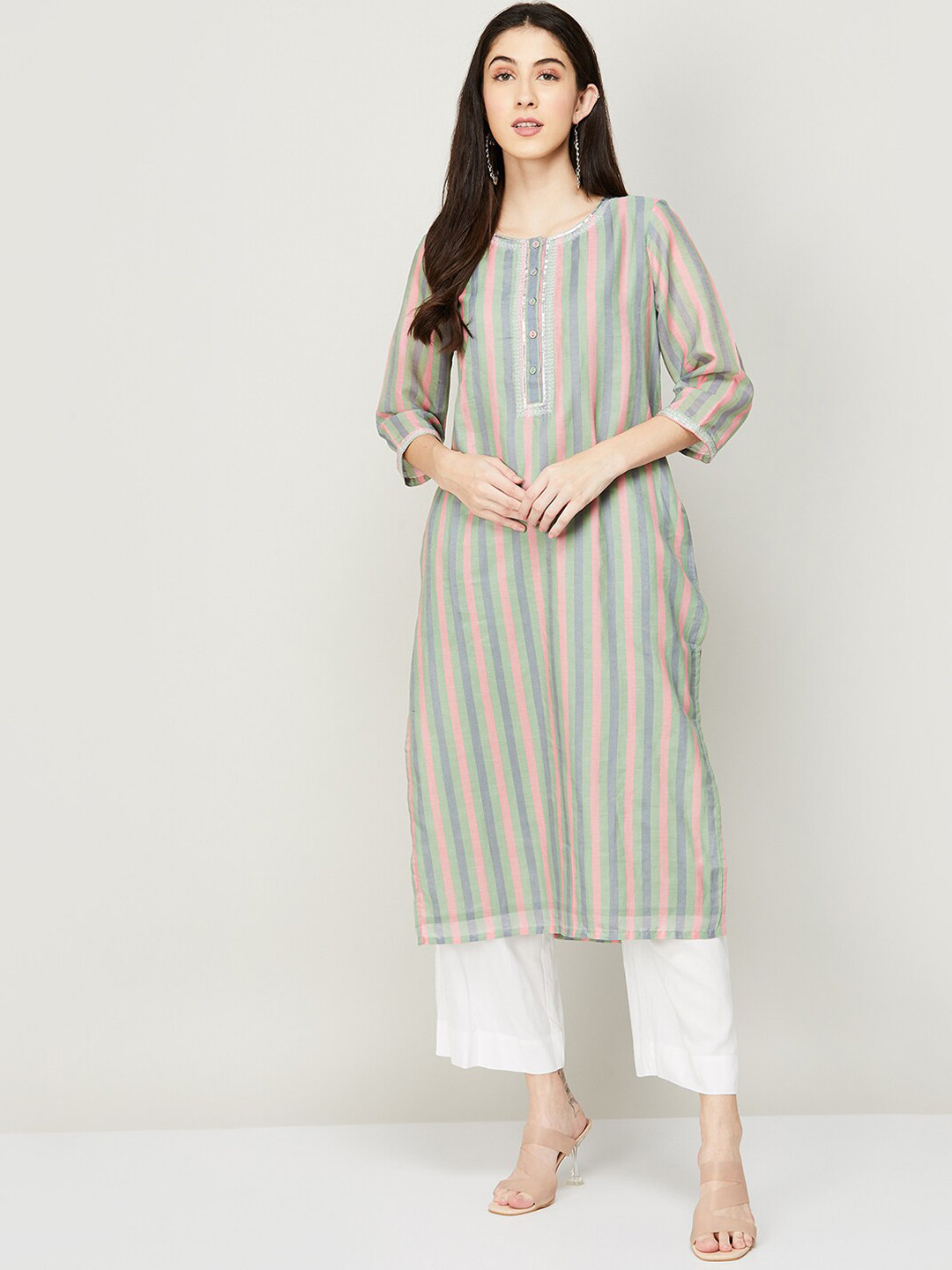 

Melange by Lifestyle Striped Printed Thread Work Cotton Kurta, Green
