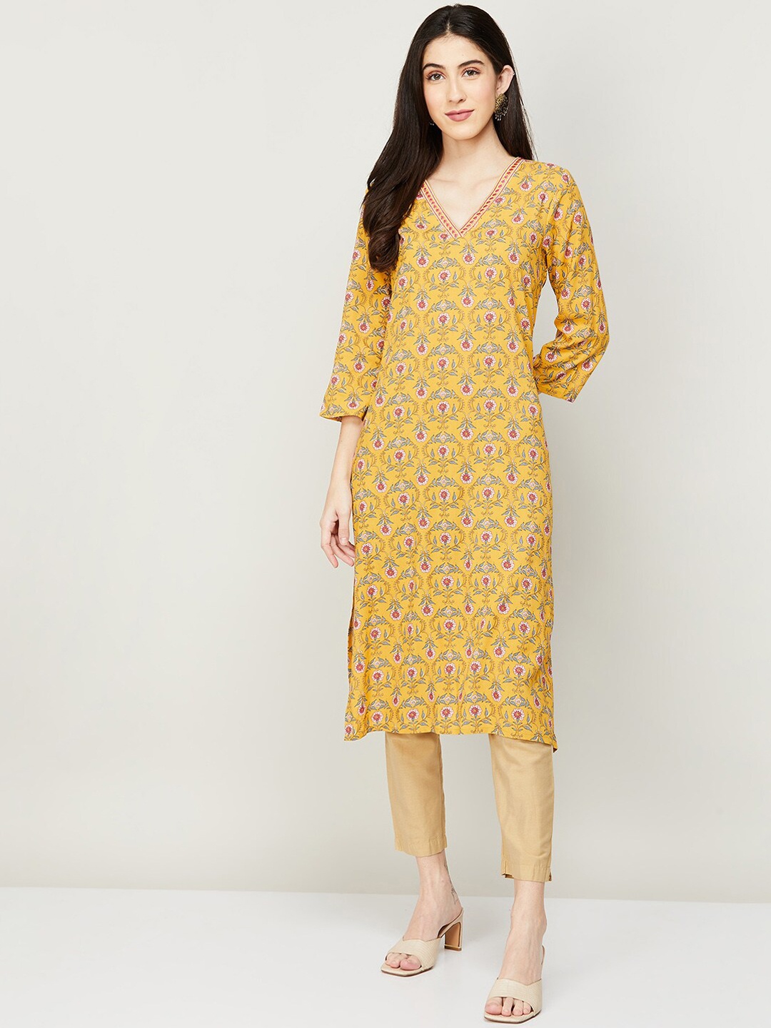 

Melange by Lifestyle Women Mustard Yellow Ethnic Motifs Printed Straight Fit Kurta