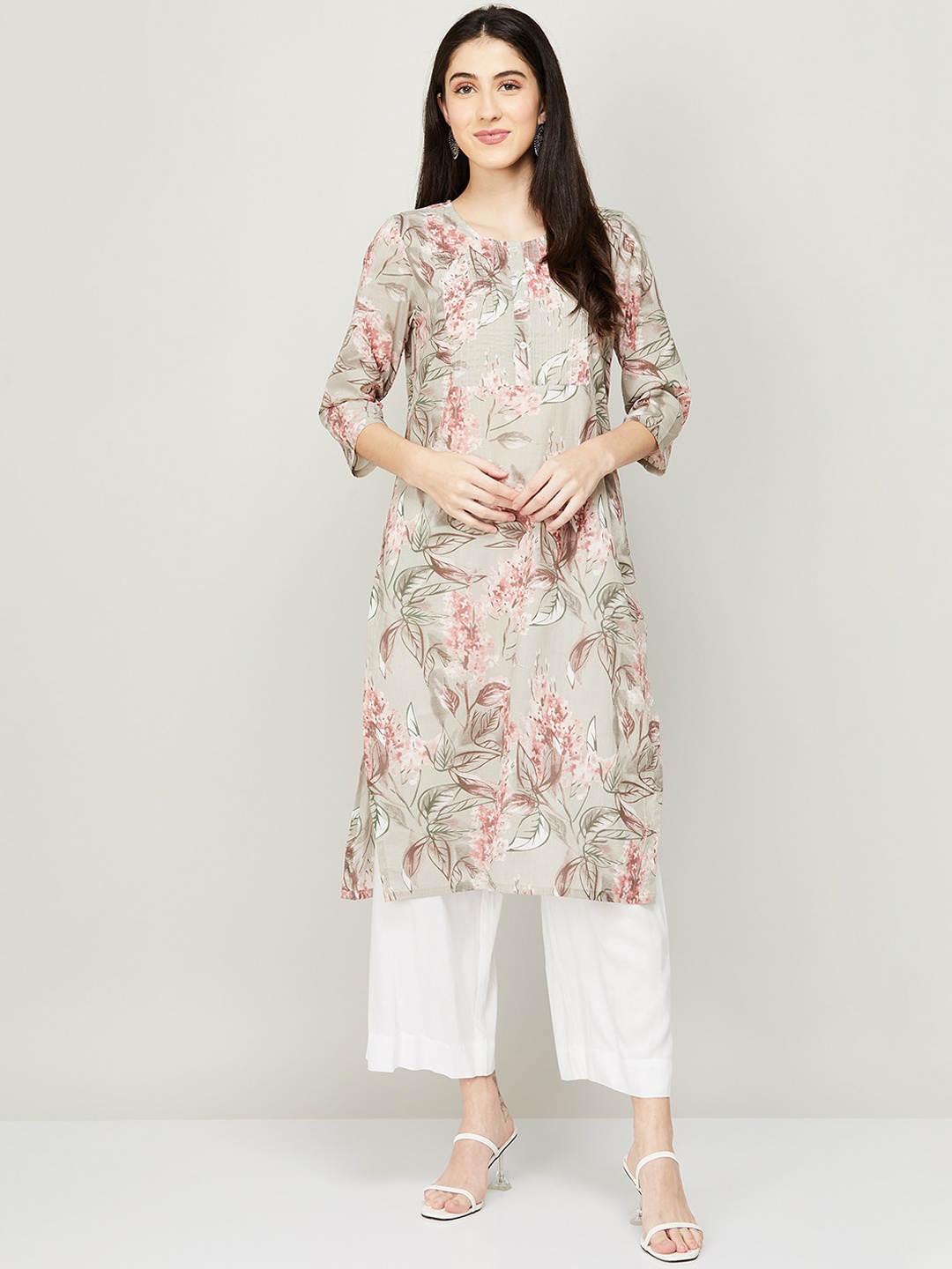 

Melange by Lifestyle Women Green & Mauve Floral Printed Straight Fit Kurta