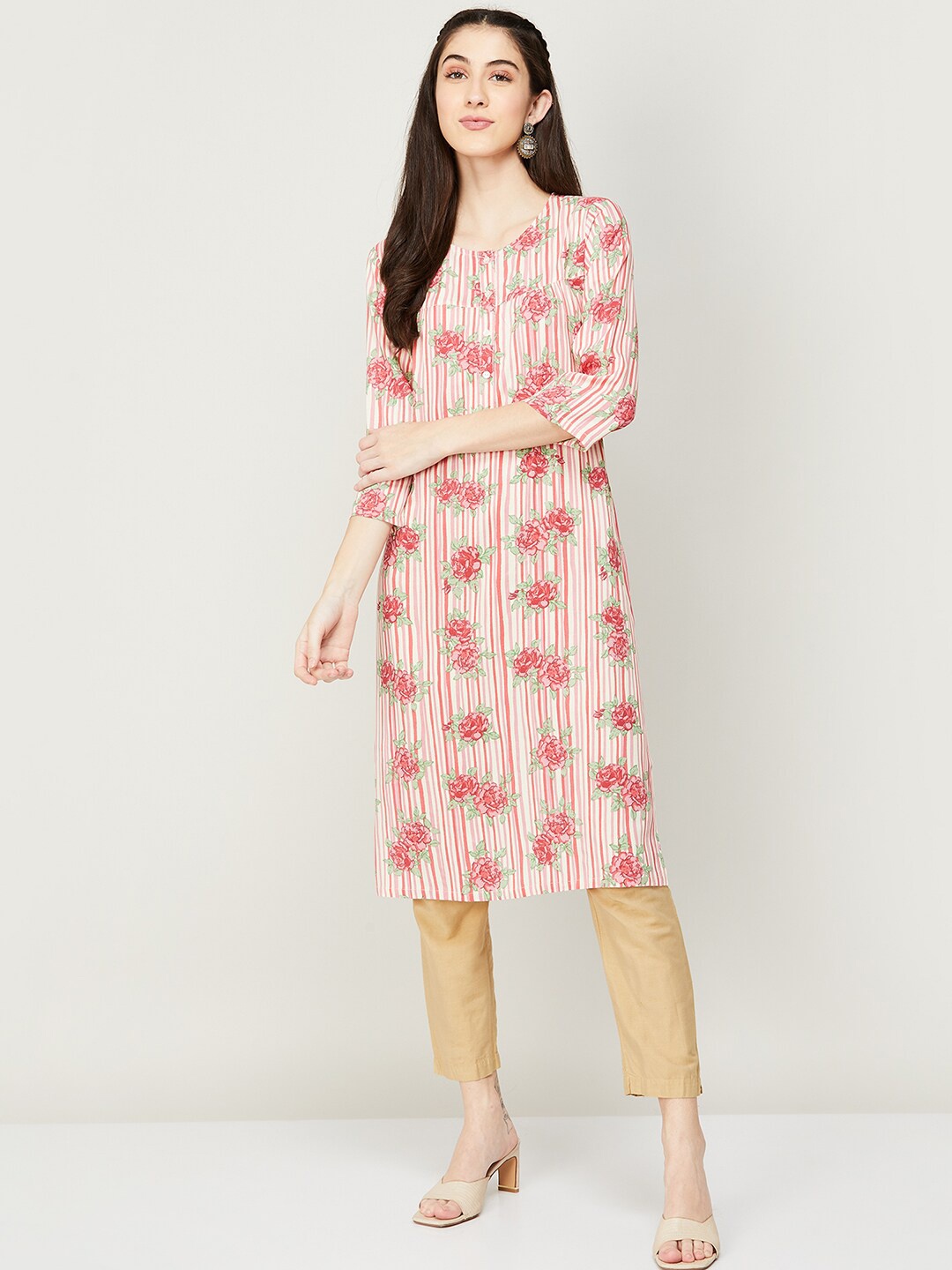 

Melange by Lifestyle Women Pink & Green Floral Printed Straight fit Kurta