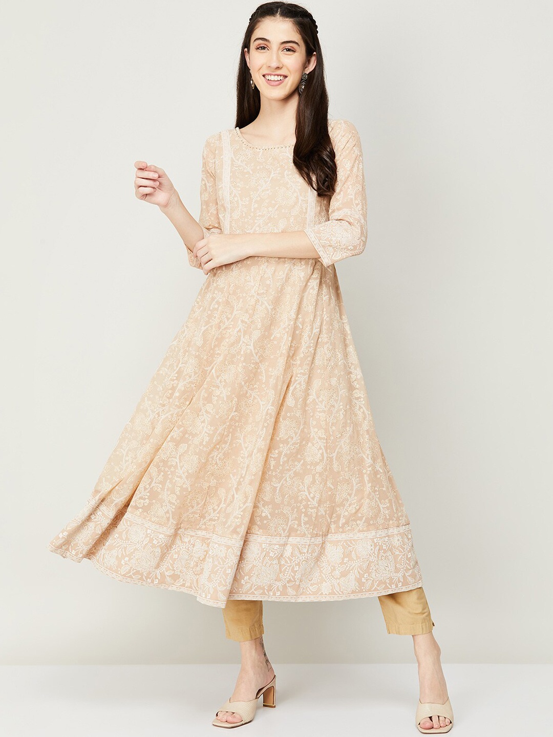 

Melange by Lifestyle Floral Printed Georgette Anarkali Panelled Kurta, Beige