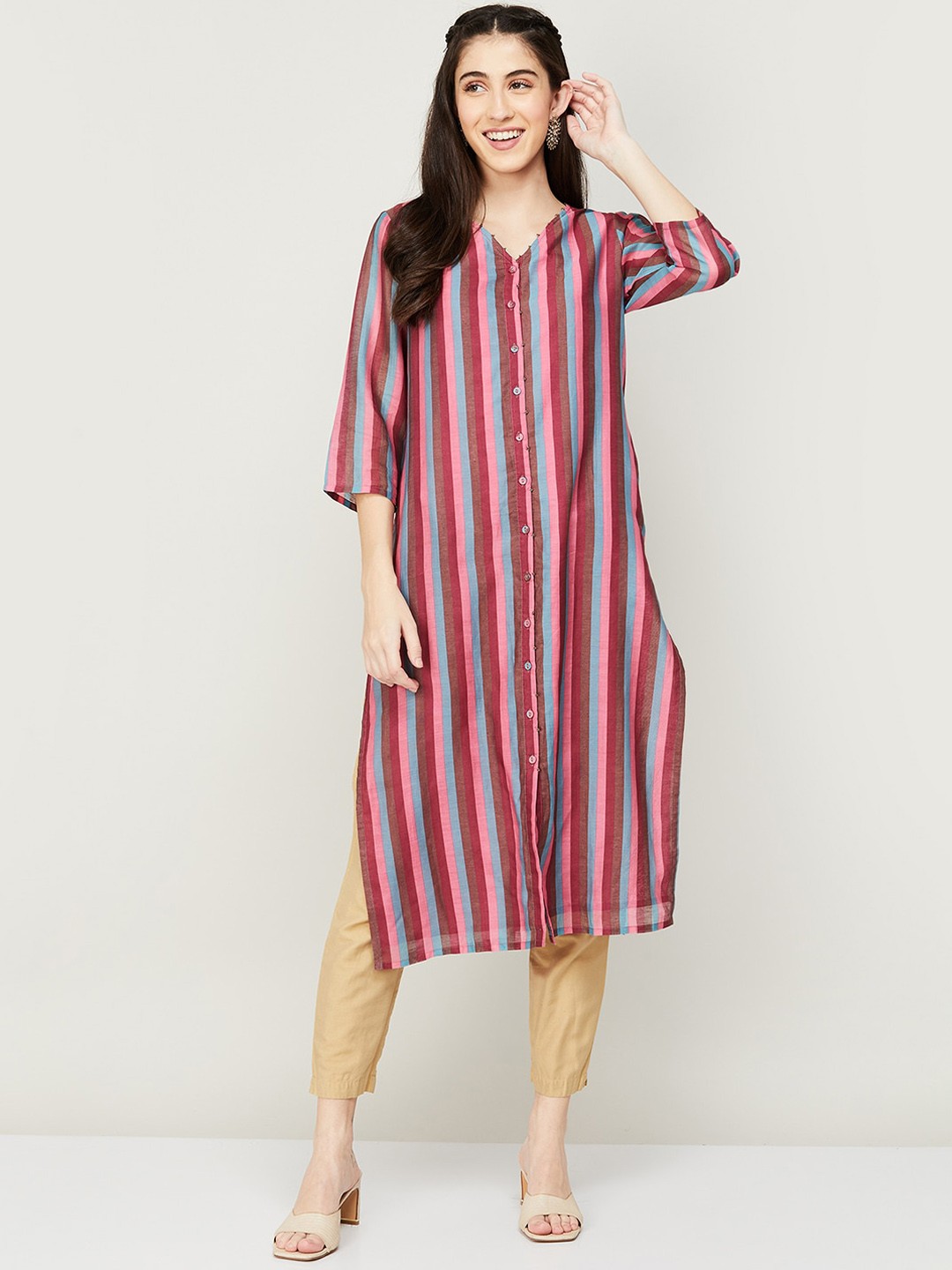 

Melange by Lifestyle V-Neck Striped Cotton Kurta, Pink