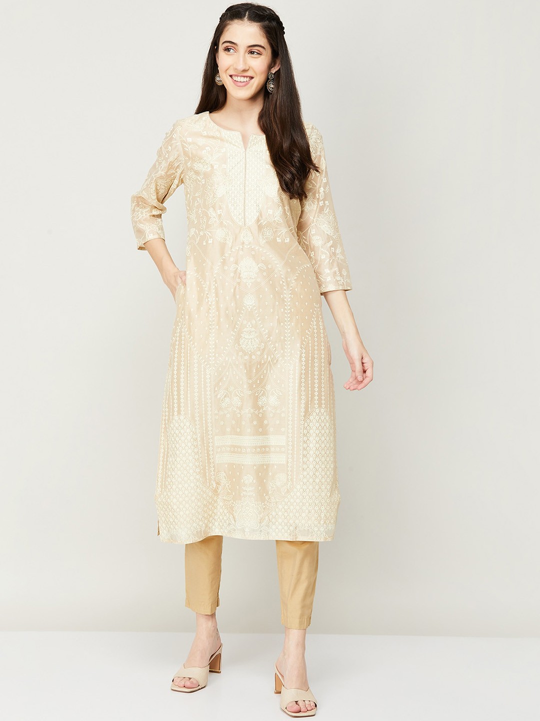 

Melange by Lifestyle Round Neck Ethnic Motifs Printed A-Line Kurta, Beige