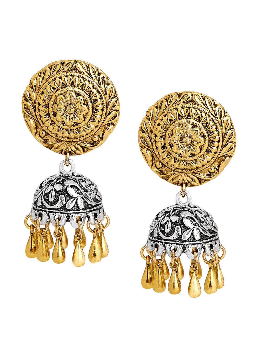 

Adwitiya Collection Gold-Plated & Silver-Plated Dome Shaped Jhumkas Earrings