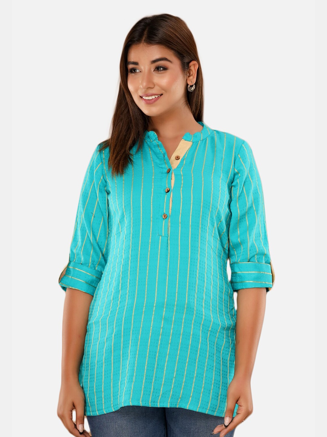 NeshamaKurti Women Turquoise Blue & Gold-Toned Striped Kurti