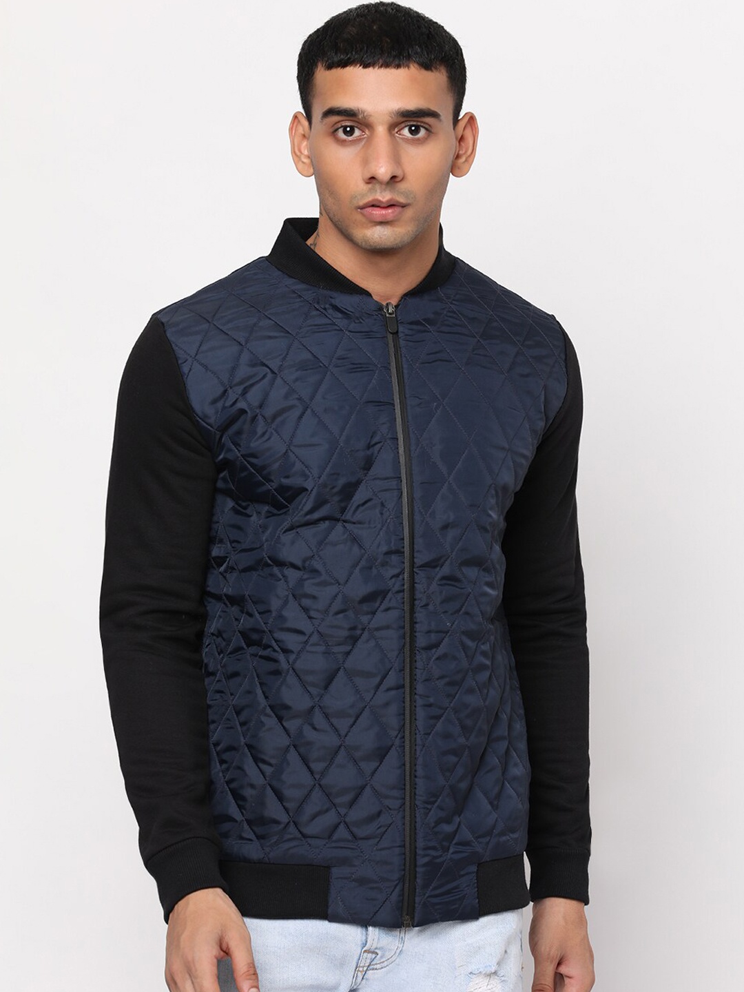 

YOONOY Men Navy Blue Black Colourblocked Quilted Jacket