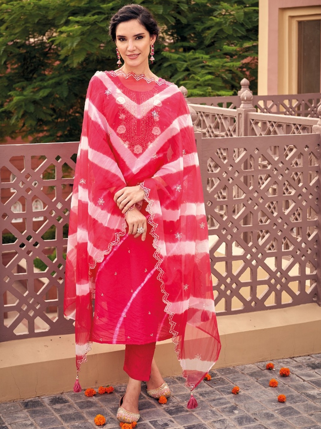 

AUTUMN LANE Women Red Leheriya Embroidered Kurta with Trousers & With Dupatta