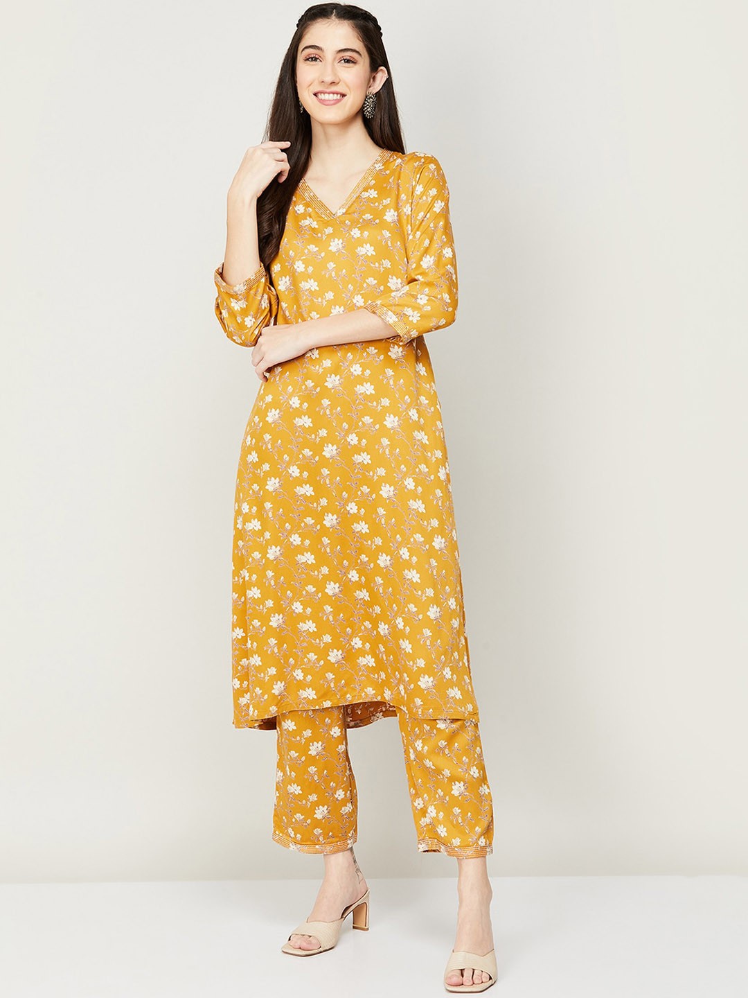 

Melange by Lifestyle Women Yellow Floral Printed Kurta with Trousers