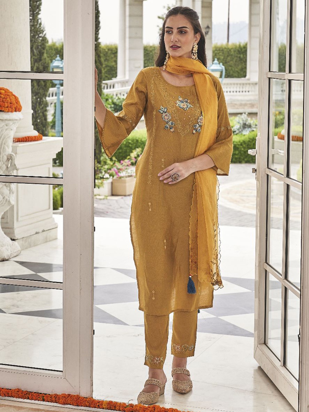 

AUTUMN LANE Women Yellow Floral Embroidered Kurta with Trousers & With Dupatta
