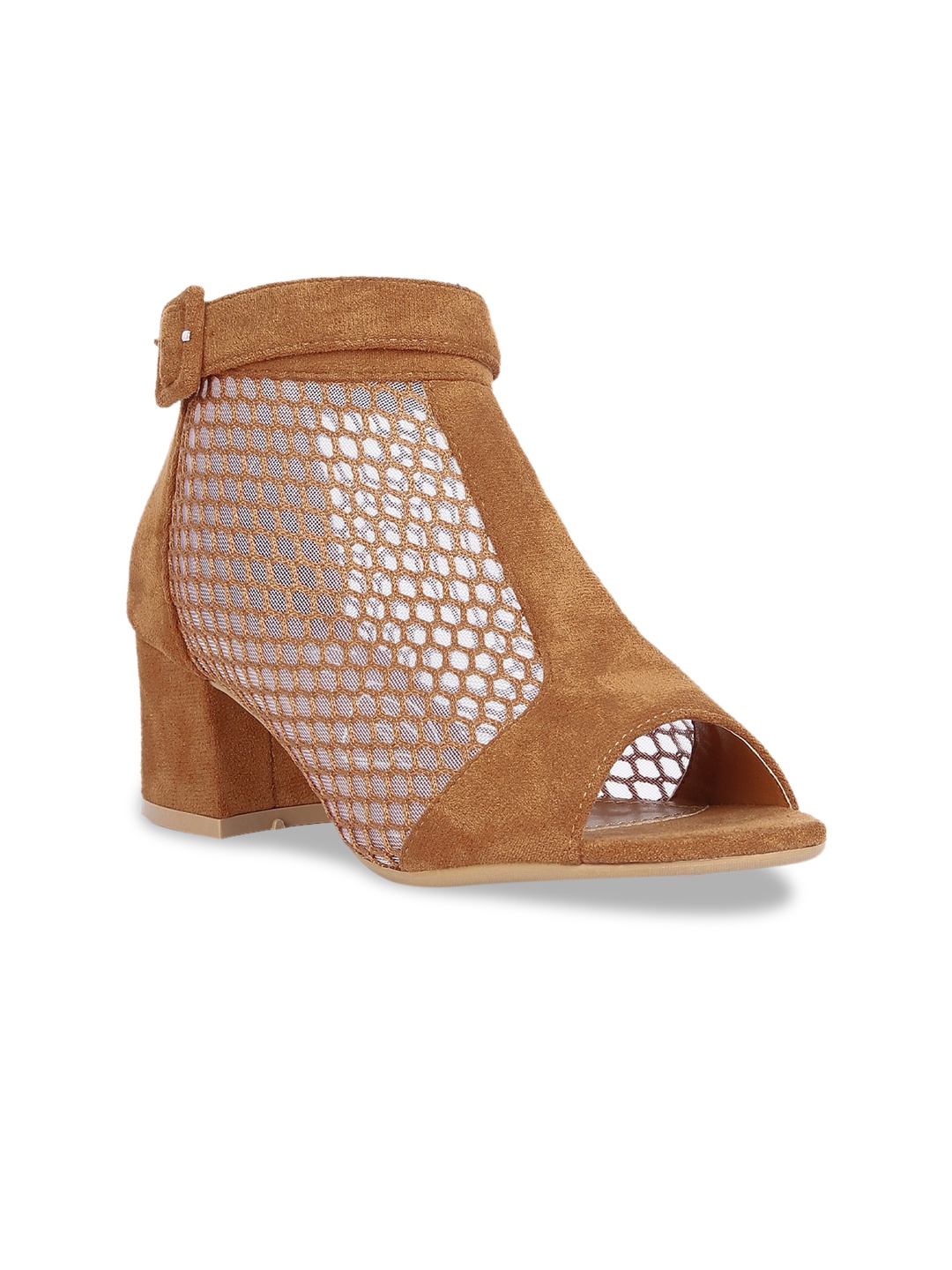 

London Rag Women Tan Suede Block Peep Toes With Buckles