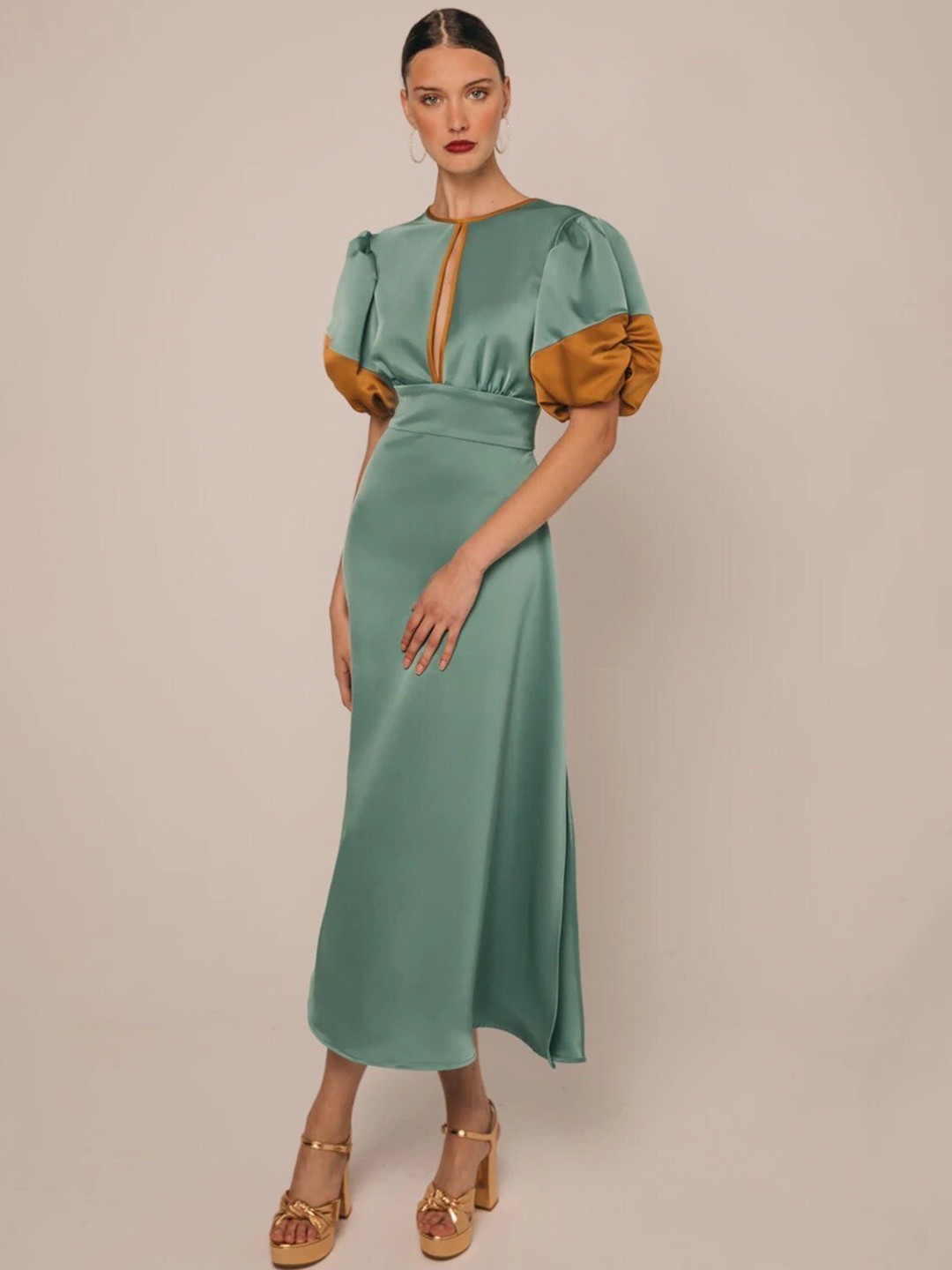 

KHUSHBOO AND PANKAJ Sea Green Satin A-Line Midi Dress