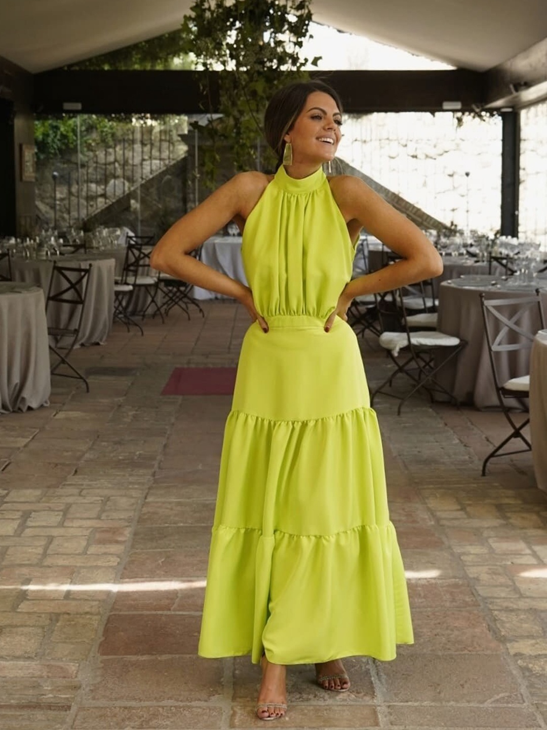 

KHUSHBOO AND PANKAJ Green Choker Neck Crepe A-Line Silk Maxi Dress