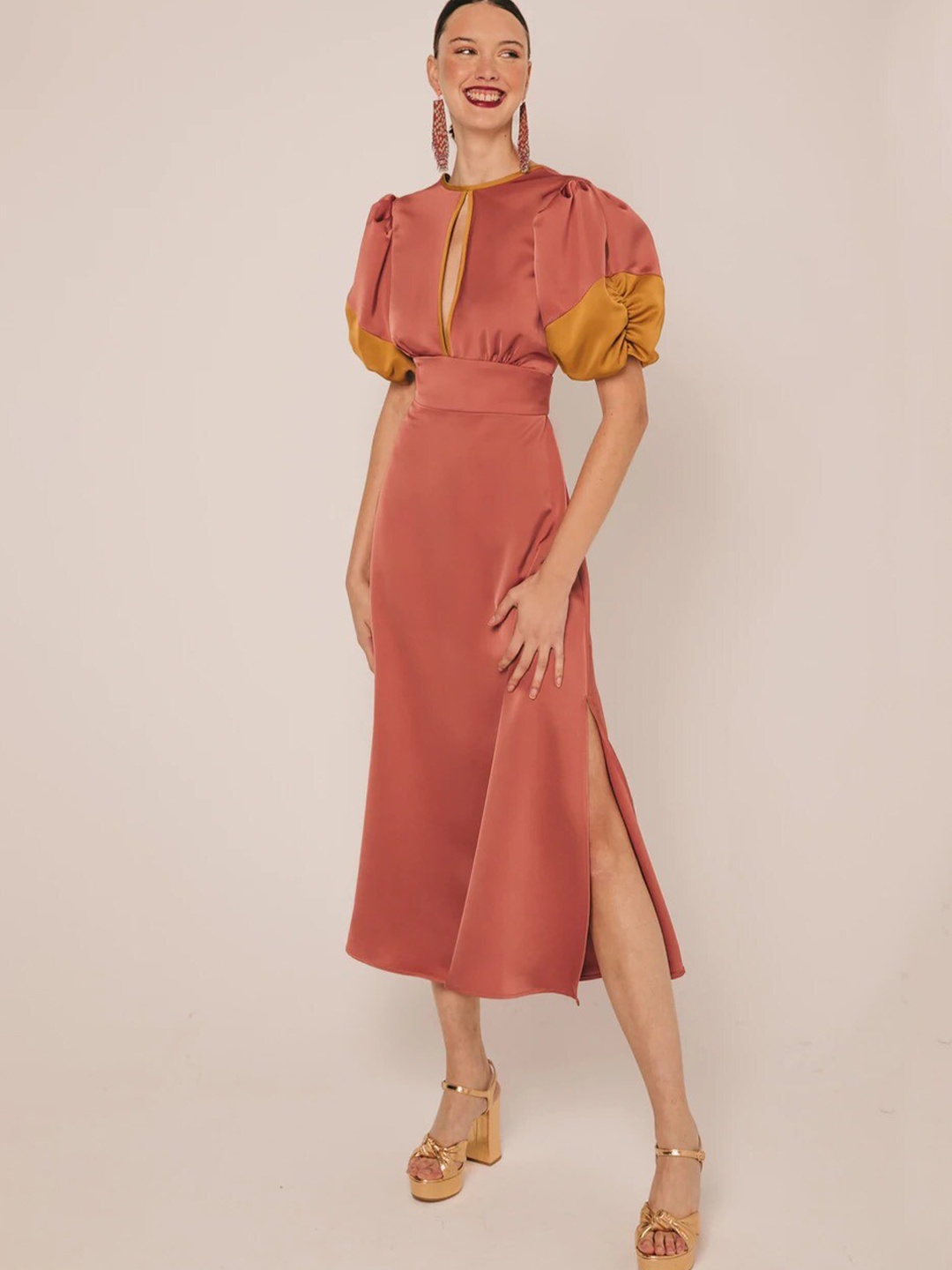 

KHUSHBOO AND PANKAJ Rust Keyhole Neck A-Line Midi Dress