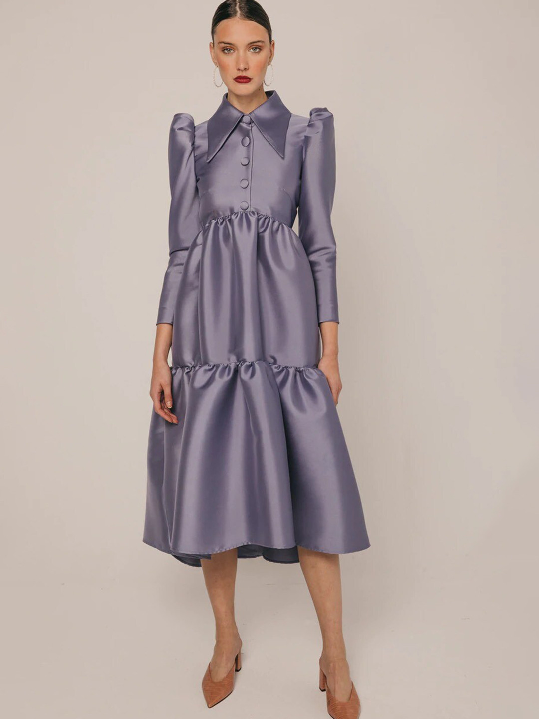 

KHUSHBOO AND PANKAJ Fit and Flare Puff Sleeves Midi Dress, Grey