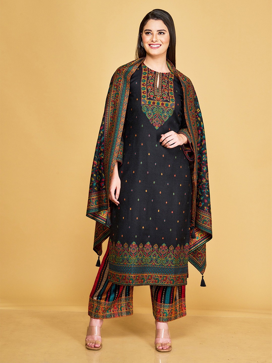 

Safaa Black & Red Viscose Rayon Unstitched Dress Material and Dupatta