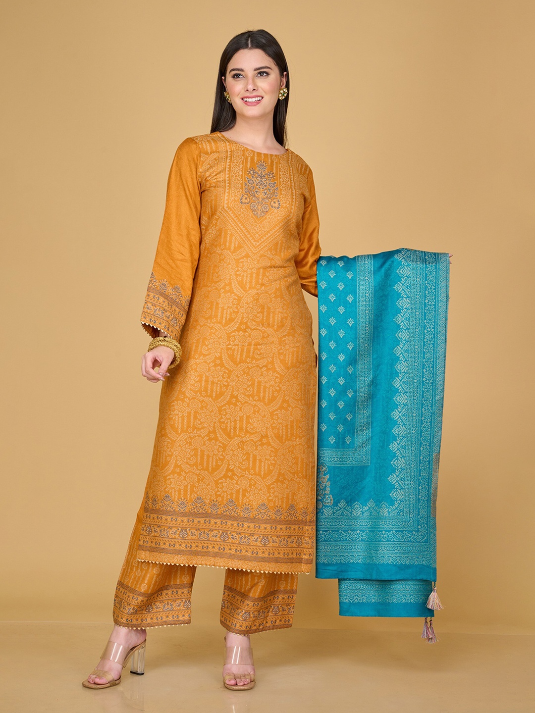 

Safaa Mustard & Blue Viscose Rayon Unstitched Dress Material and Dupatta