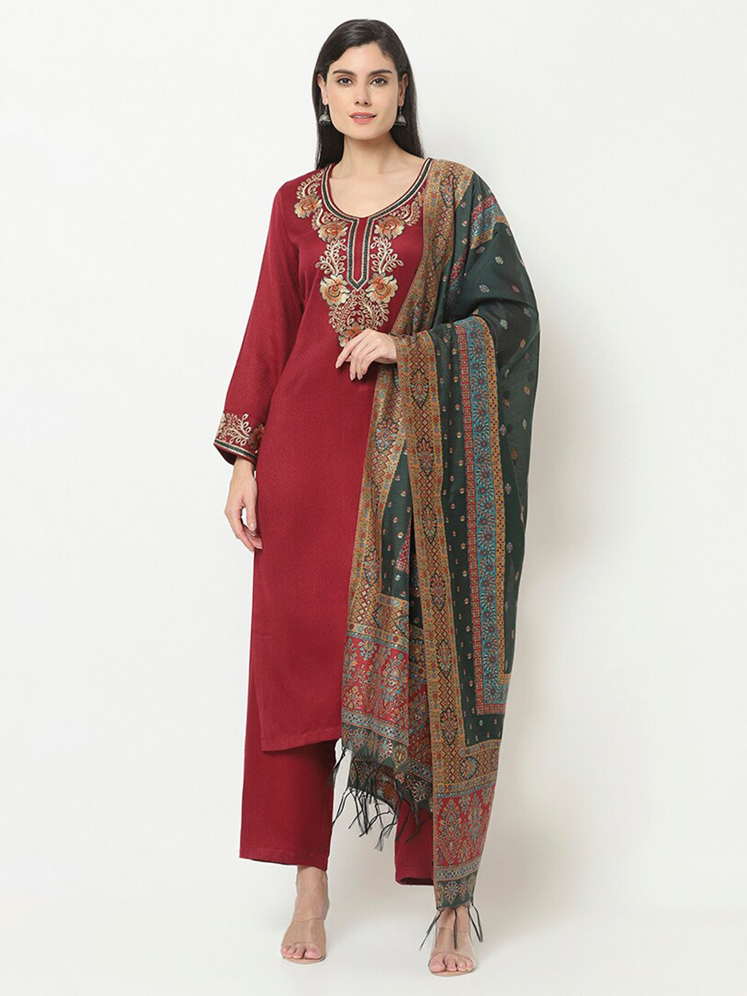 

Safaa Maroon & Green Viscose Rayon Unstitched Dress Material With Katan silk Dupatta